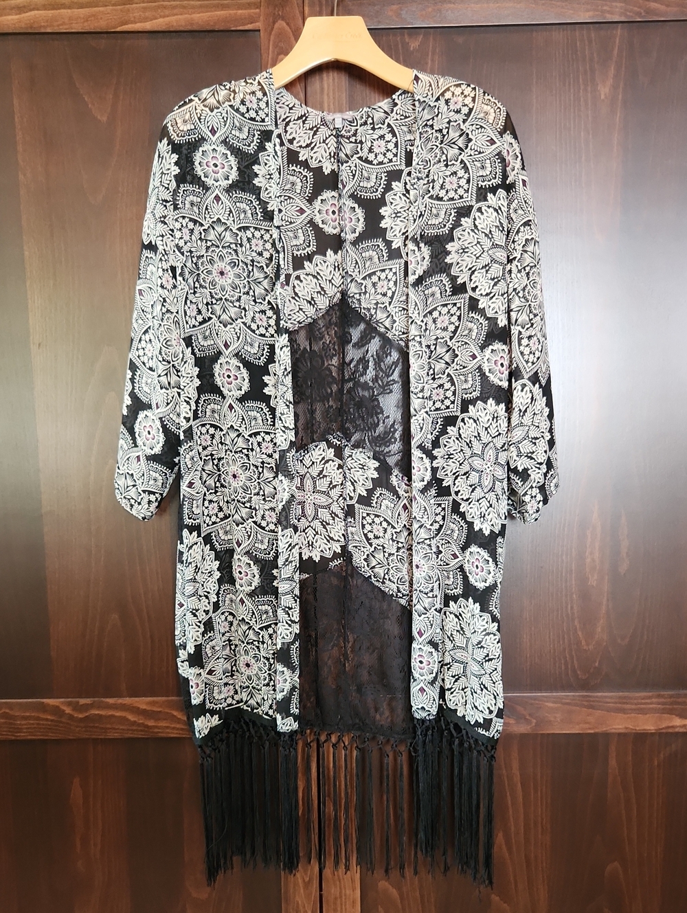 Charlotte Russe Black and White Floral Fringe Kimono
